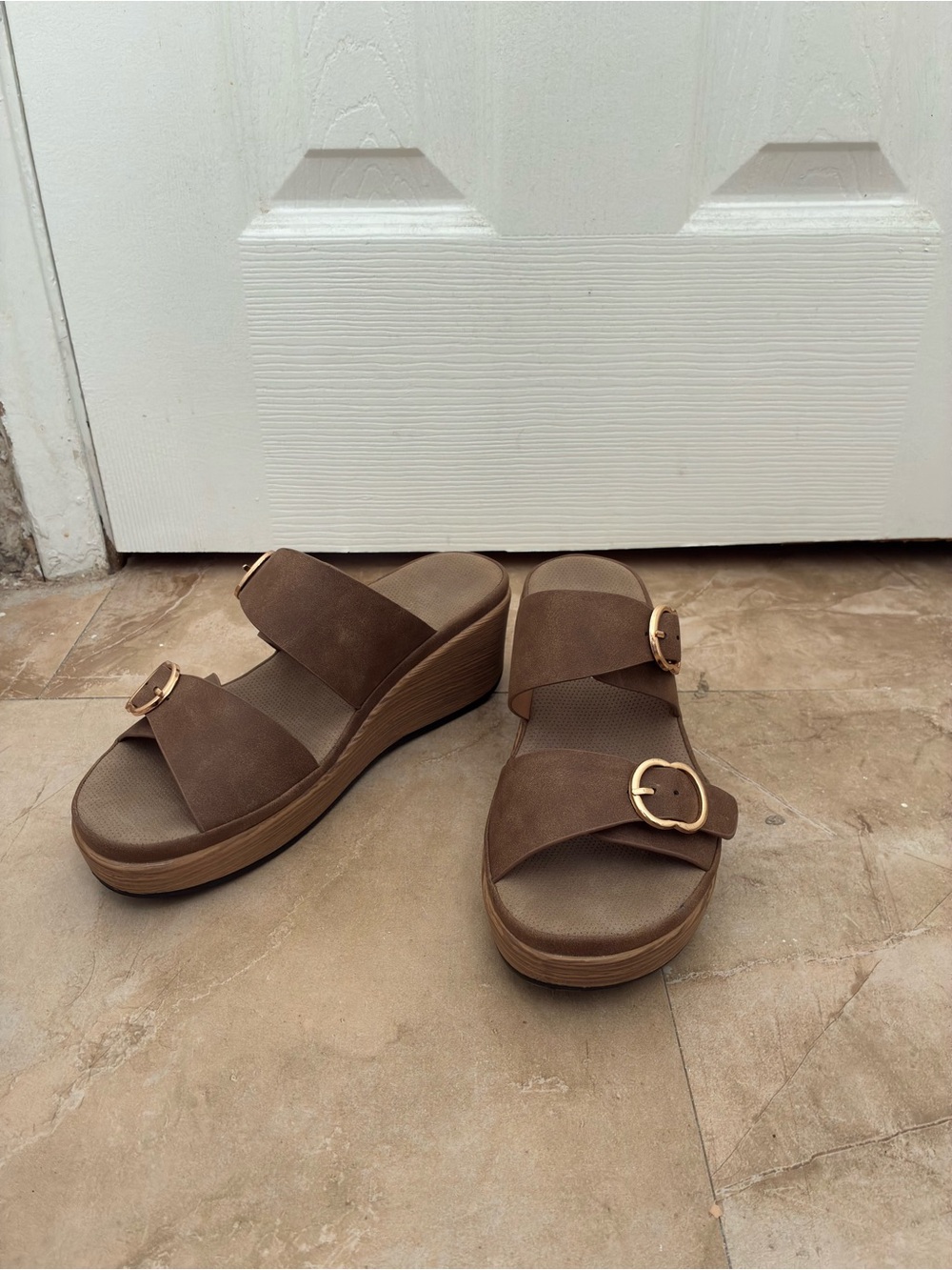 Women’s Taupe Wedge Slide Sandals with Gold Buckles